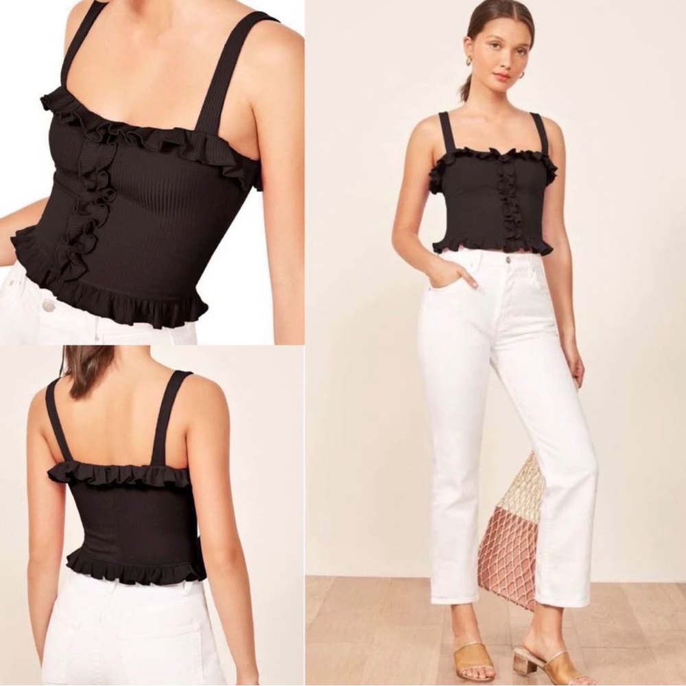 Reformation Black Ruffle Crop Tank